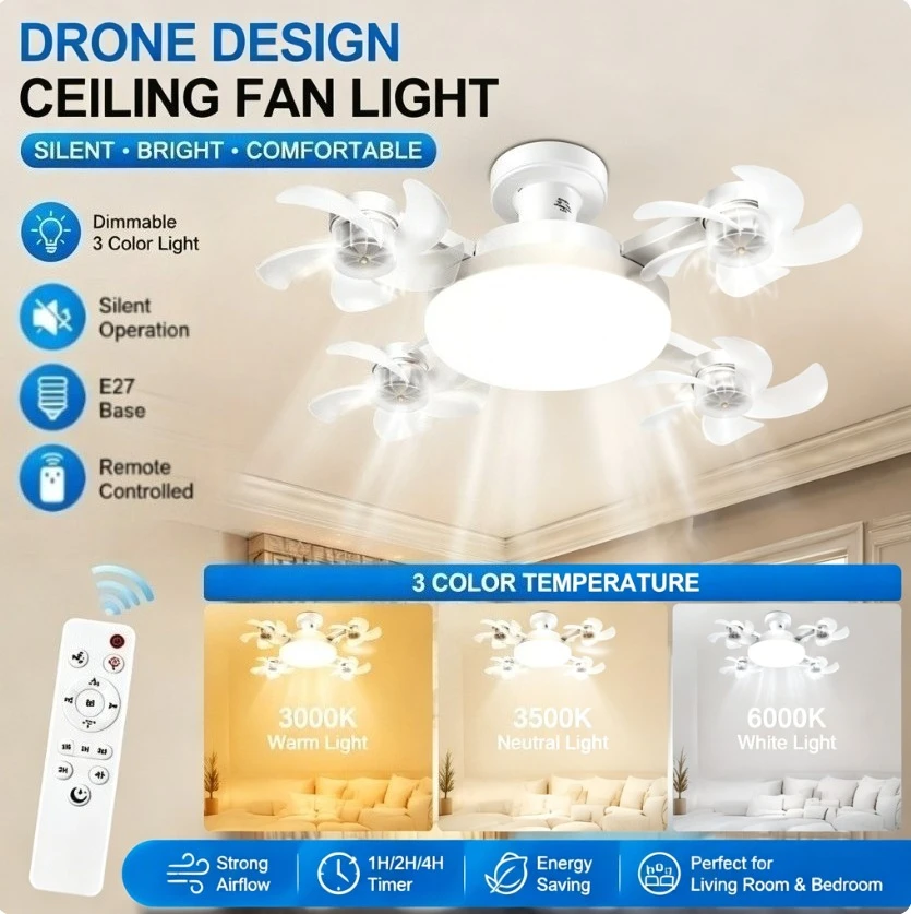 Drone-Design Geräuschloser Deckenventilator mit Licht E27-Fassung Fernbedienung Dimmbar 3-Farben-LED Deckenventilatorleuchte für Wohnzimmer Schlafzimmer