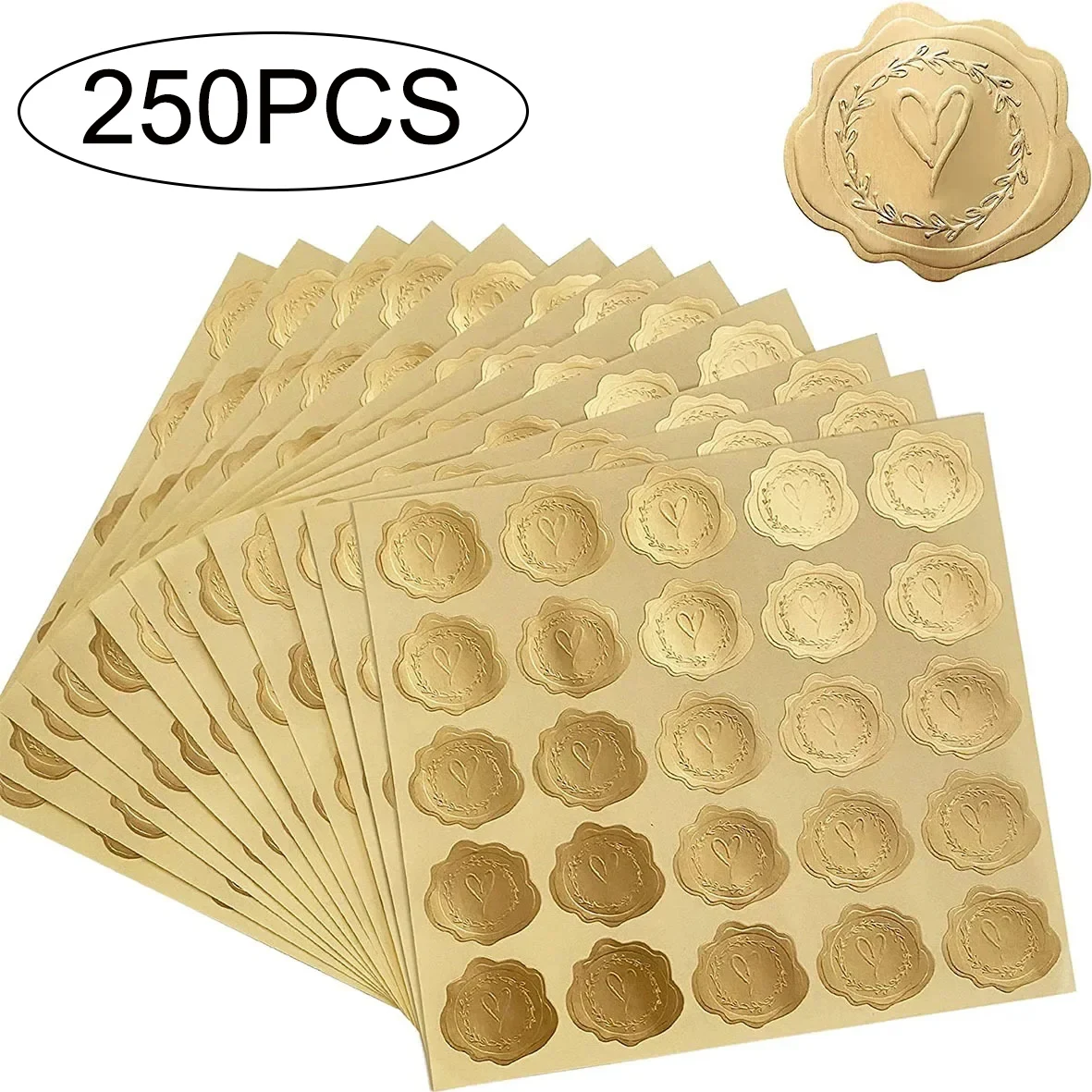 250pcs Gold Embossed Heart Stickers Envelope Seal Wax Looking Labels Wedding Party Invitation Card Christmas Gift Decoration