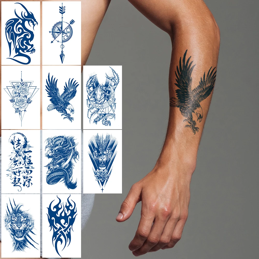 

10 долговечных водонепроницаемых соков Временные поддельные татуировочные наклейки, синий тотем дракона орла текст, подходящий для мужчин и женщин руки тела искусство