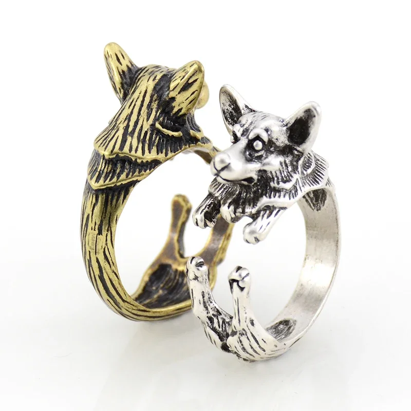 Vintage Cute Welsh Corgi Dog Metal Wrap Rings for Women Animal Couple Finger Adjustable Rings Men Jewelry Gift