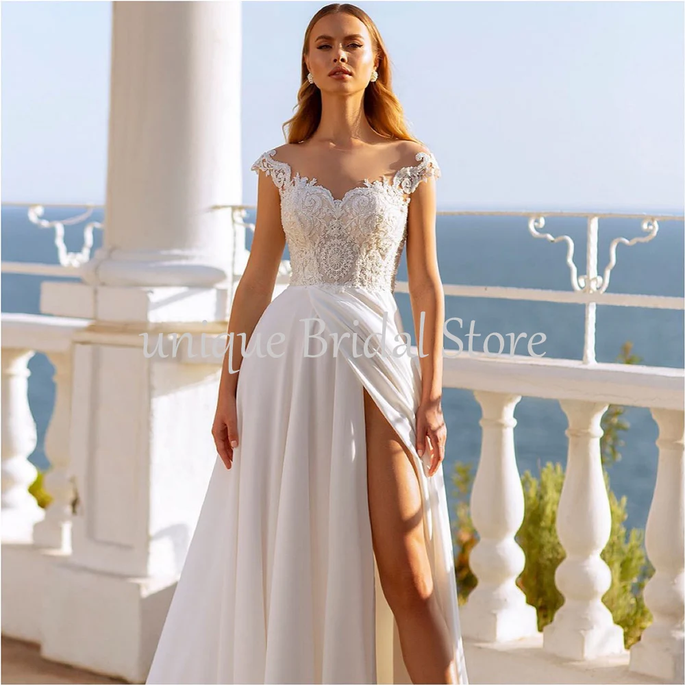 UETEEY Elegant Summer Wedding Dress for Bride Lace Cap Sleeve Scoop Neck With Button Side Slit 2022 A Line Chiffon Bridal Gowns