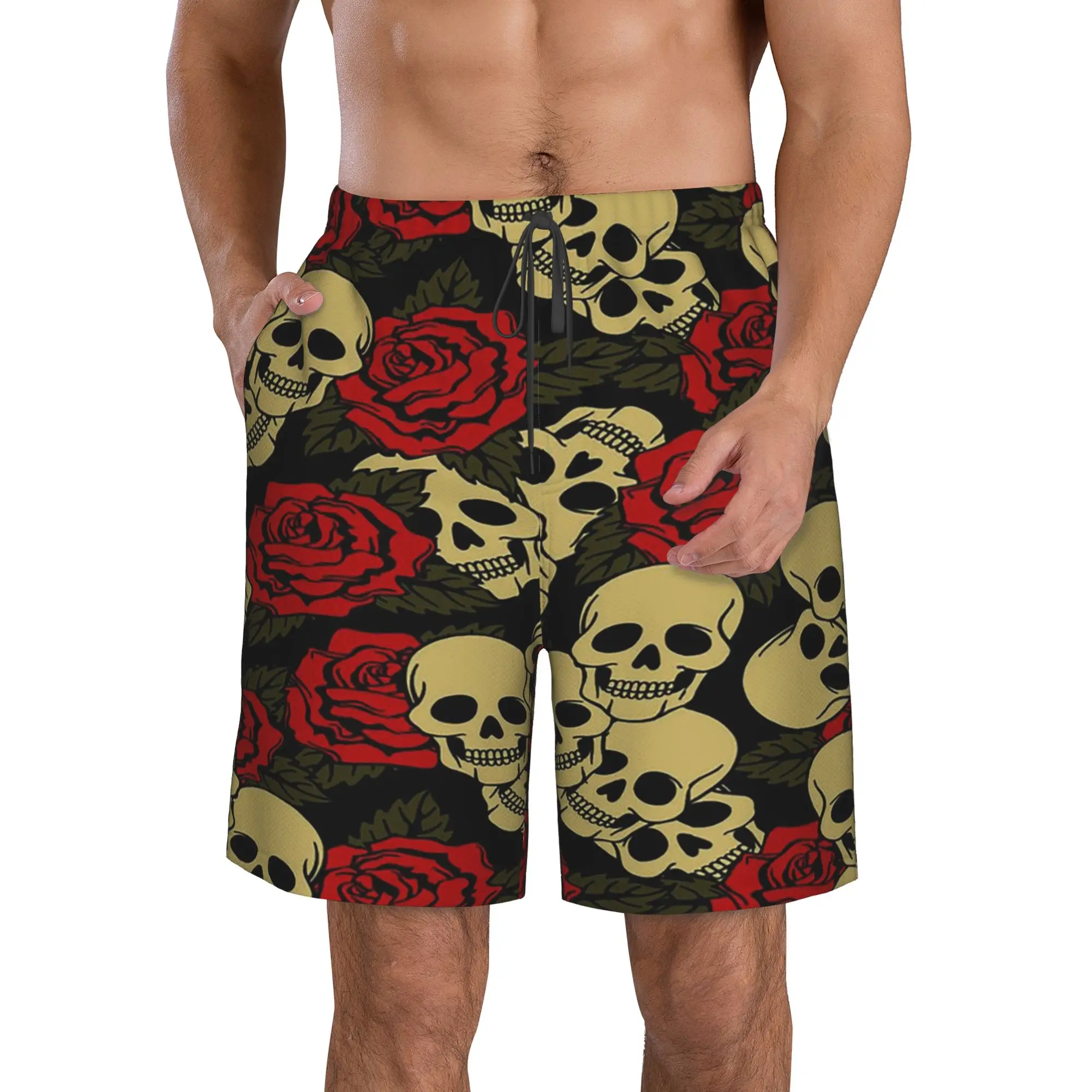 Vintage Skulls & Roses Pattern Trunks Beach Board Shorts Casual Quick Dry Swim Summer Men Pants