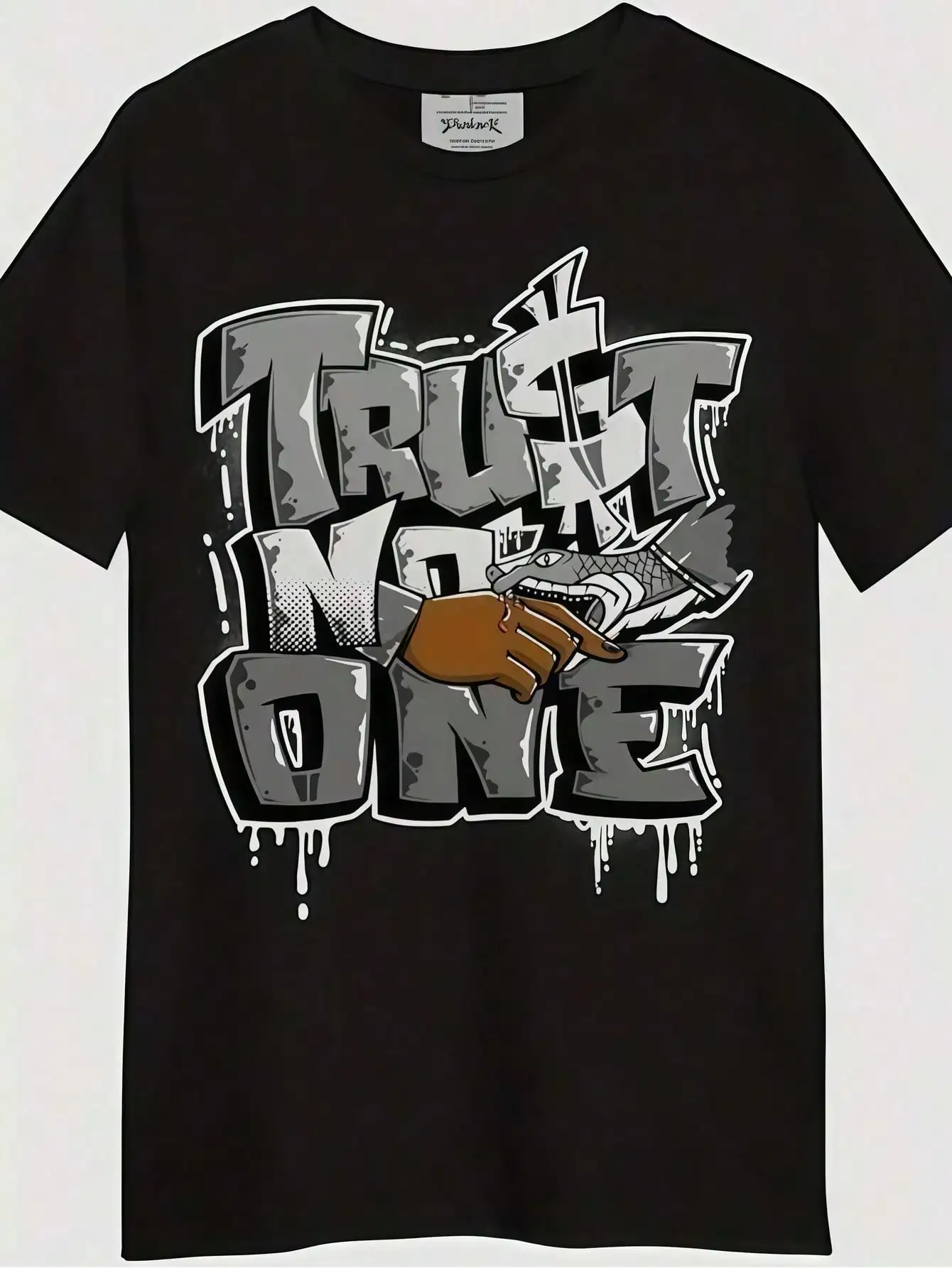 1 Pc Men's Clothing Graffiti Font Printed Black Tshirt, Graphic Tee, Summer Tops, Shirt, Unisex Casual Crew Neck Tshirt, Plus Size Men's 5XL,