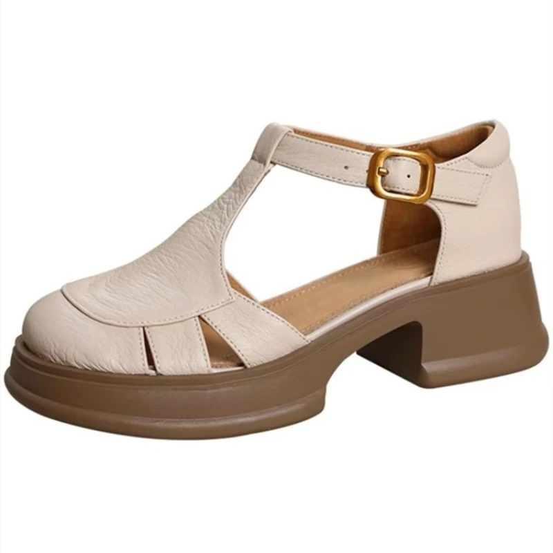 Thick Soled Women's Shoes Thick Heel Woman Sandals Retro Hollow Out Roman Shoes Walking Comfort Genuine Leather Women's Sandals