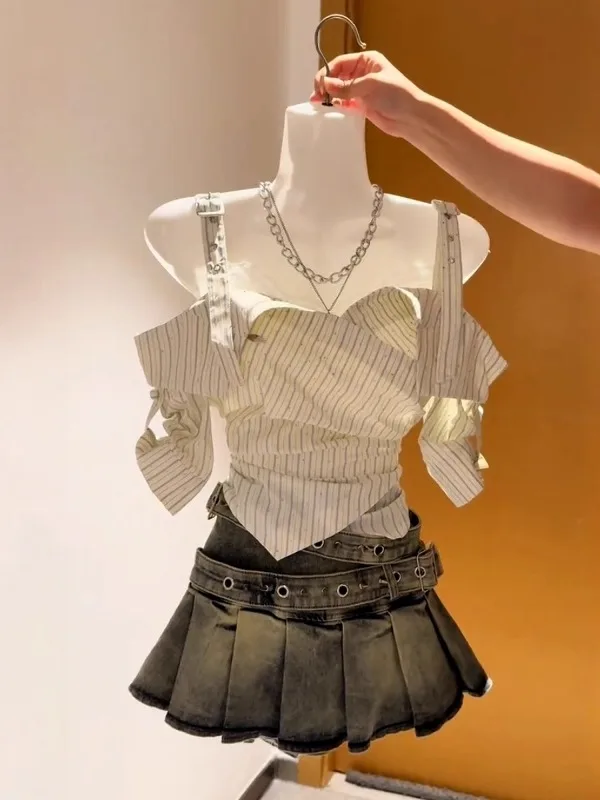 

Adjustable Shoulder Stripe Shirt Women's Slim Fit Summer Design Beautiful Top Korean Style One-Shoulder Casual Long Sleeve