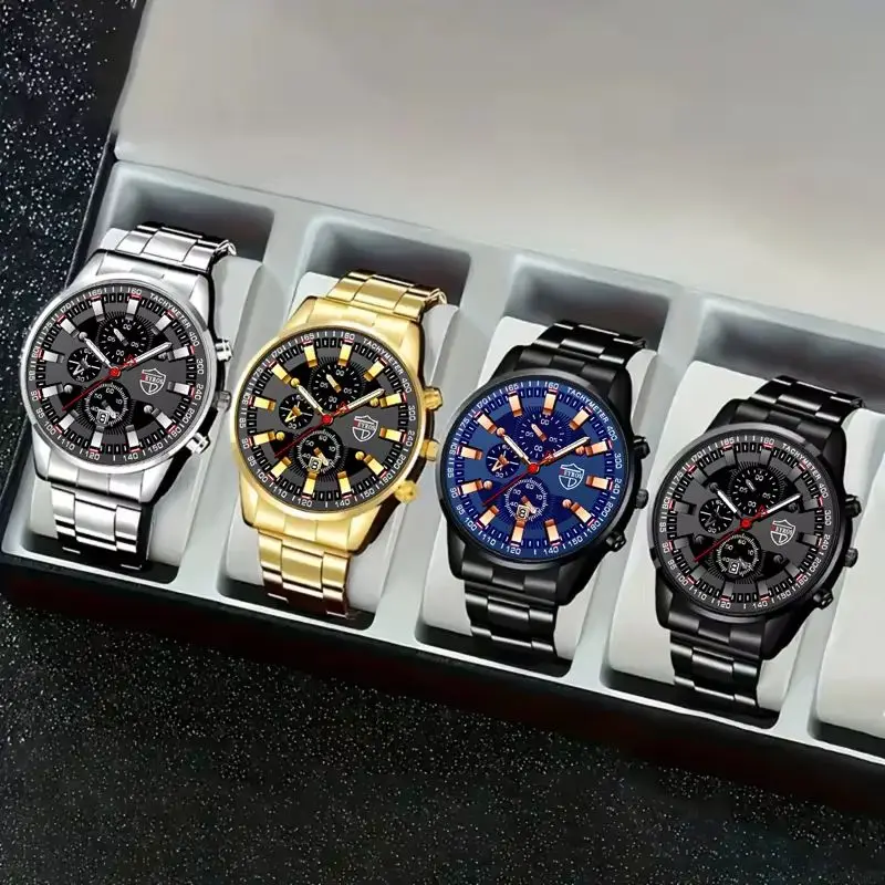 

4 шт. модные мужские спортивные часы мужские деловые кварцевые часы из нержавеющей стали роскошные мужские повседневные часы с календарем