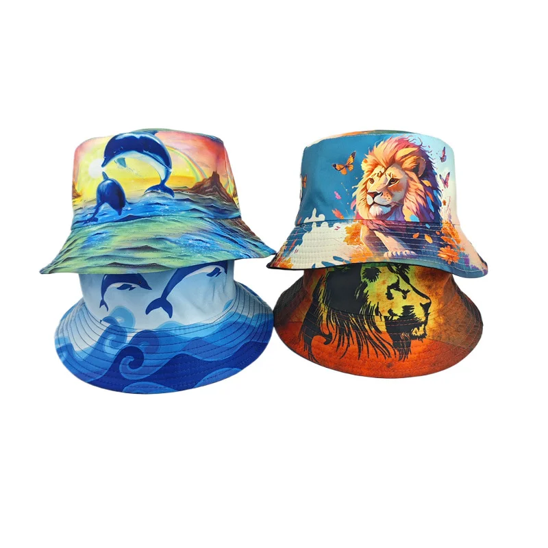 Spring and Summer Polyester Cartoon Print Bucket Hat Fisherman Hat Outdoor Travel Sun Cap for Men and Women 15