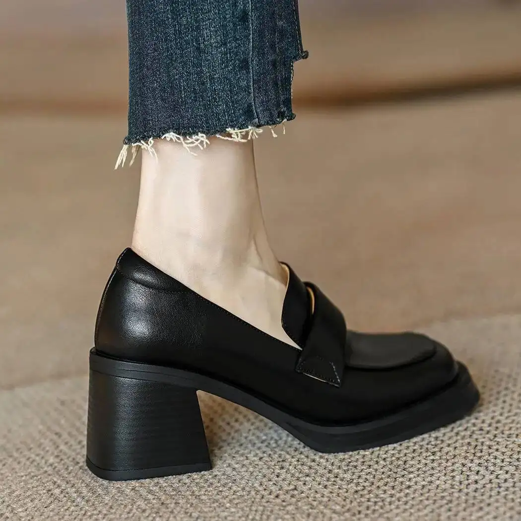 Women's Mid Heel Shoes 2025 New Leather Chunky Heel Loafers Thick-Soled French Minimalist Square Toe High Heel Office Shoes view 4