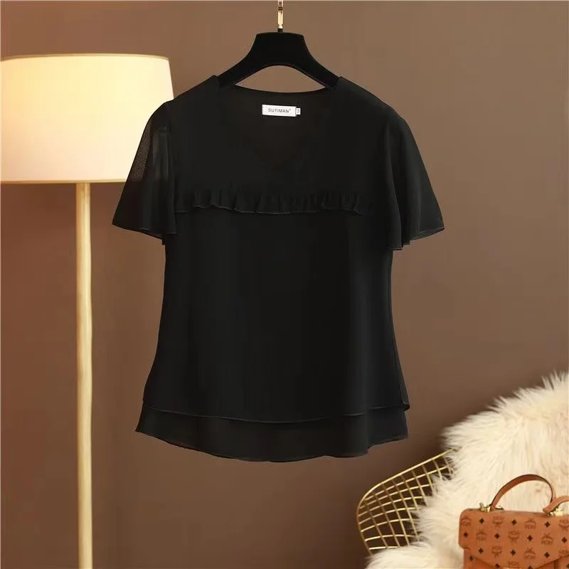 New Arrival Fashion Brand 2024 Summer New Women\'s Chiffon Shirt V-neck Short-sleeved Top Large Size Loose and Thin Women\'s Shirt