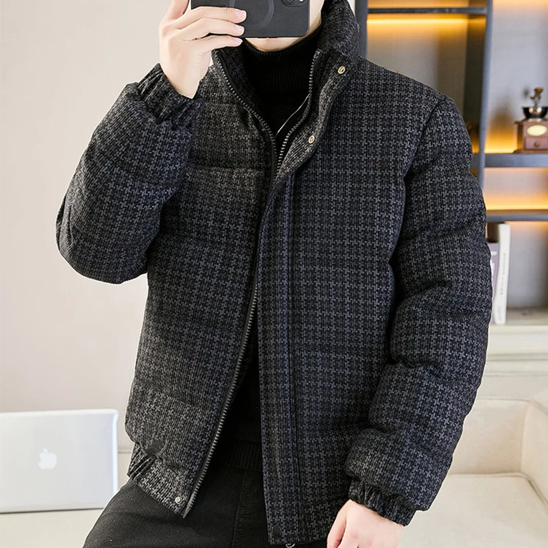 

Stand Collar Plaid Cotton-Padded Jackets Winter Men's Warm Coats Outwear Windproof Checkered Parkas Youth Thicken Tops Clothing