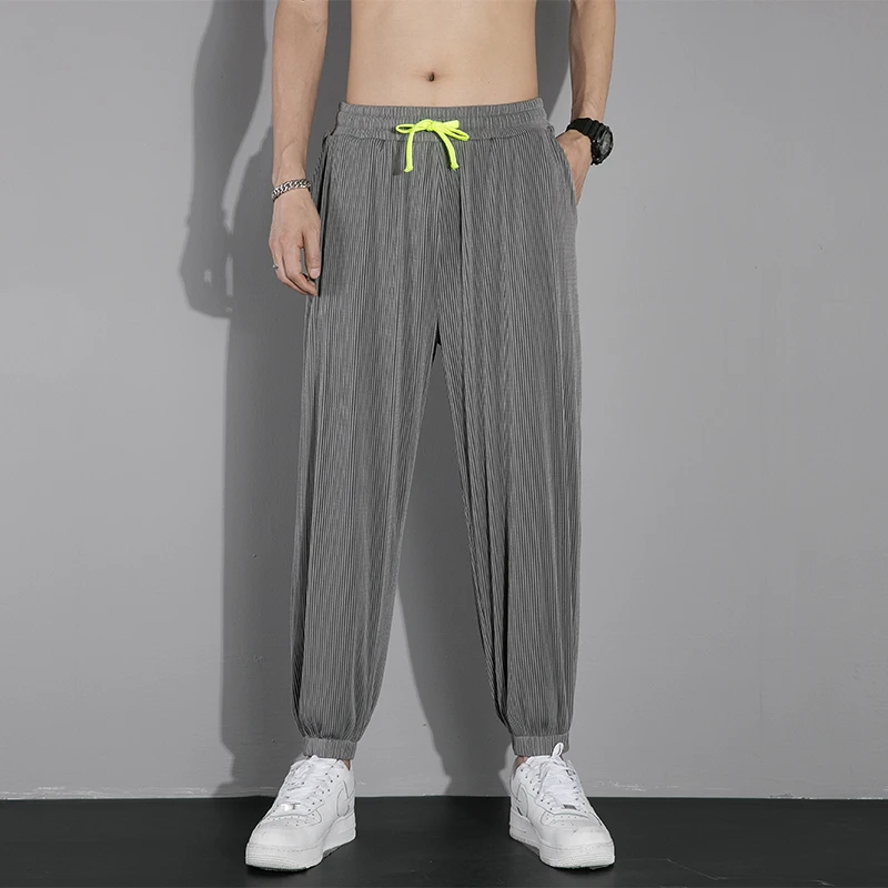 Men's Ice Silk Sport Pants Mosquito-Resistant Ultra-Thin Summer Casual Loose Leg Wide Footwear Match All Seasons