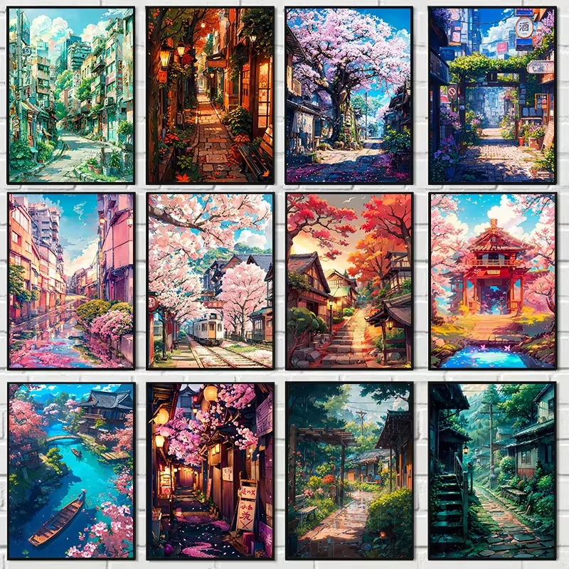 Japanese Anime City Street Scenery Poster Buildings Landscape Canvas Paintings and Prints Picture for Living Room Home Decor