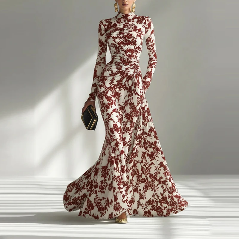 

Модное платье с принтом и высокой талией, элегантное платье-русалка с приталенным силуэтом для весны и лета, с длинными рукавами.