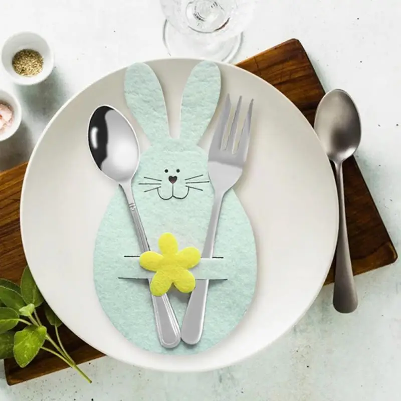 1/3/5PCS Knife And Fork Storage Bunny Cute Kitchen Decoration Dining Cushion Easter Party Decoration Tableware Set Sticky Flower