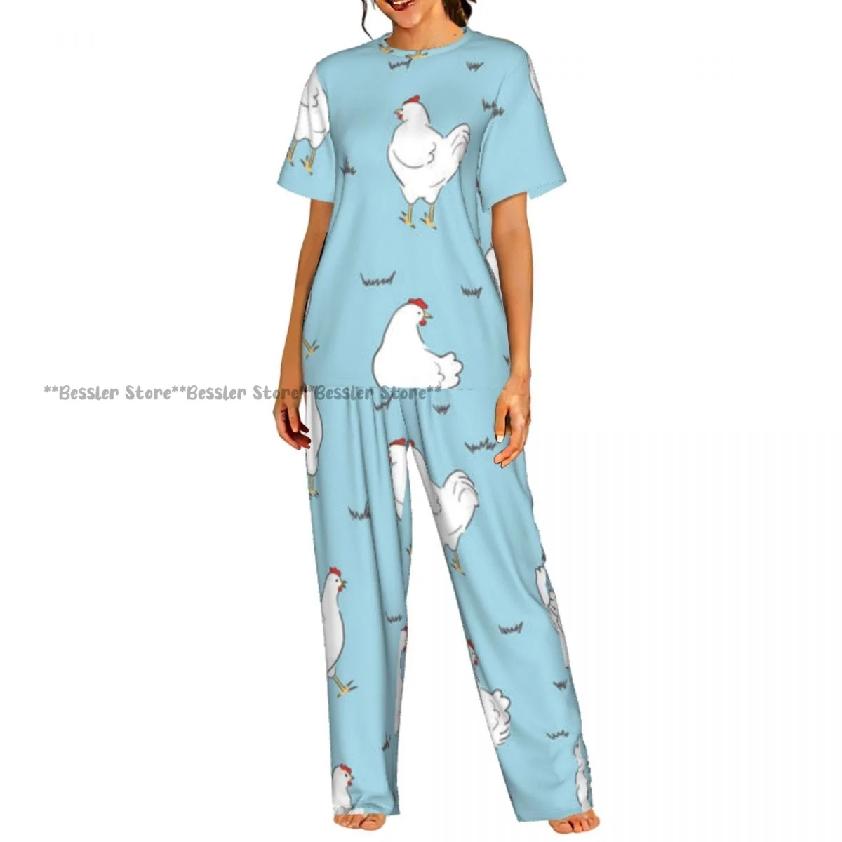 

Женские пижамные комплекты, одежда для отдыха и сна, белая ночная одежда с короткими рукавами и рисунком кур-несушек