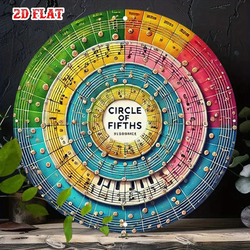 Circle of Fifths Metal Tin Sign 7.8 Inch - Colorful Music Theory Wheel Wall Art, Rustic Aluminum Round Decor for Home, Garage, D