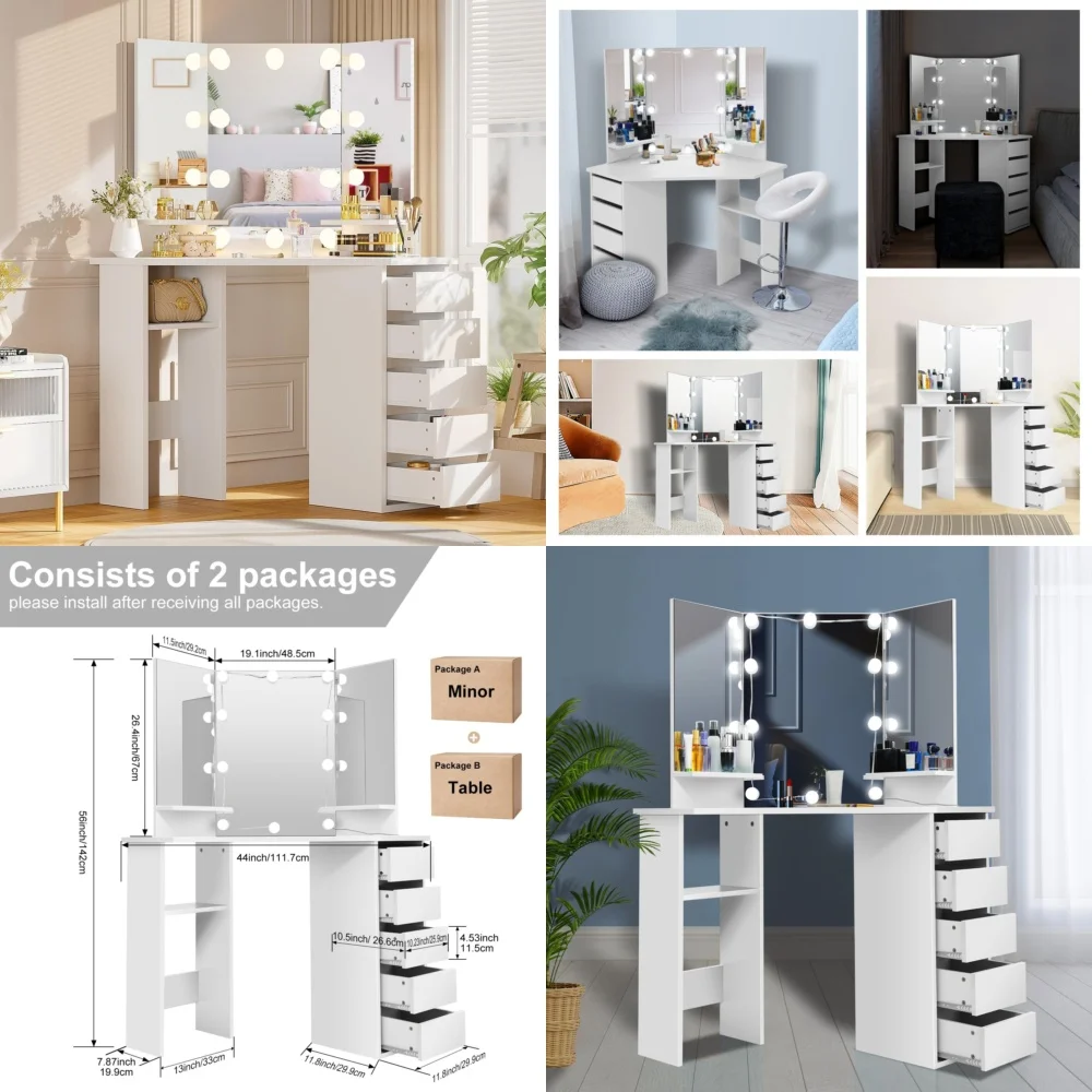 

Makeup VanitiesVanity Desk with LED Lights and 5 Drawers White Modern Makeup Table for Stylish Organization