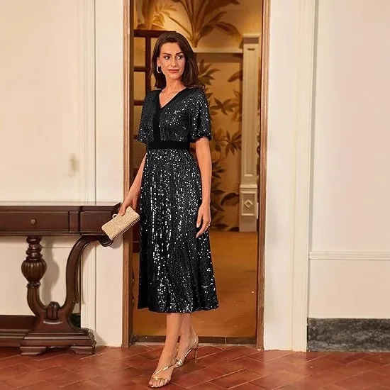 Vestido de noche Formal de manga corta con cuello en V de lujo elegante para mujer con lentejuelas hasta el suelo para fiesta de boda banquete graduación Maxi vestido de cóctel