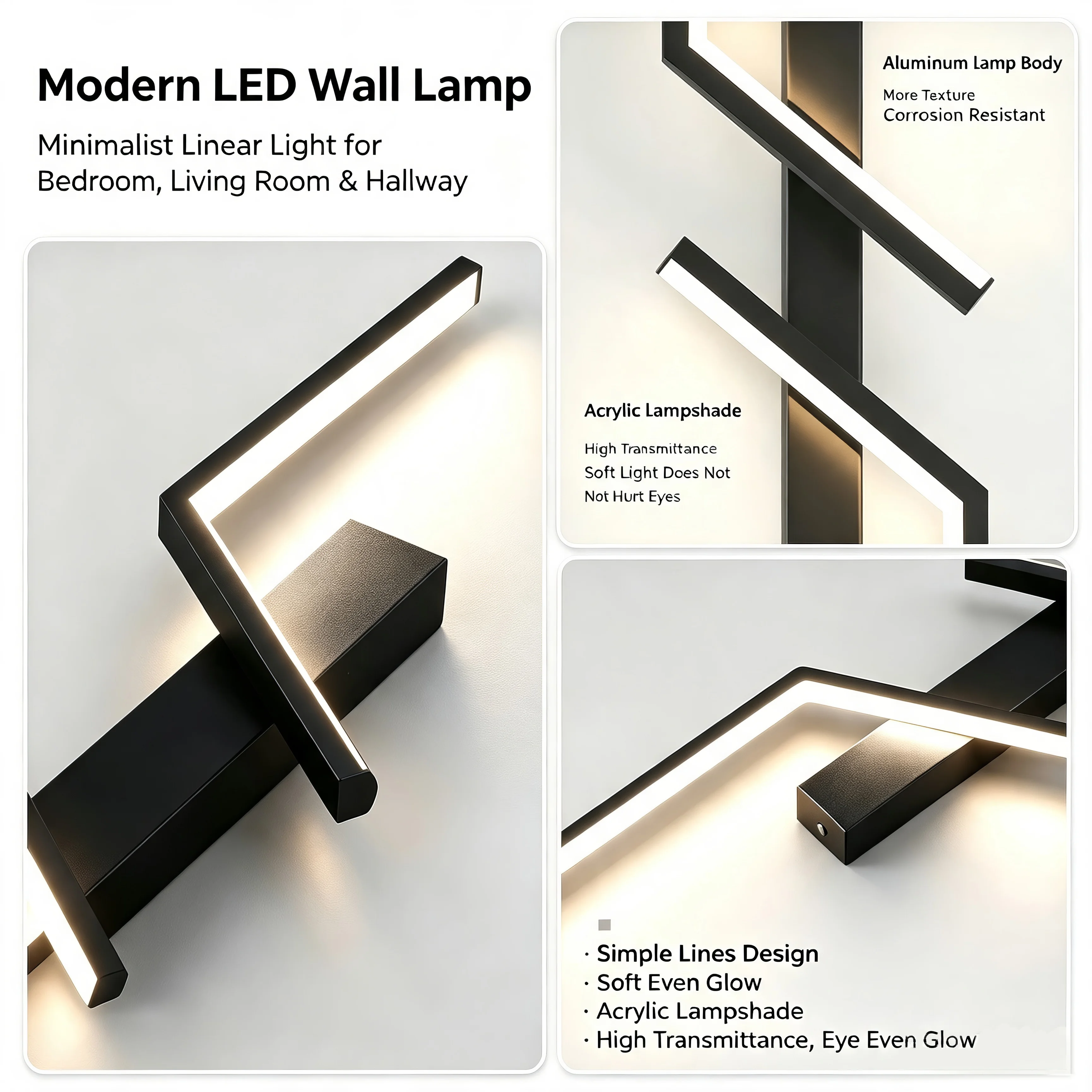 Modern LED Wall Lamp, 3 Color Temperature Minimalist Wall Sconce for Bedroom Bedside Living Room TV Sofa Background Indoor