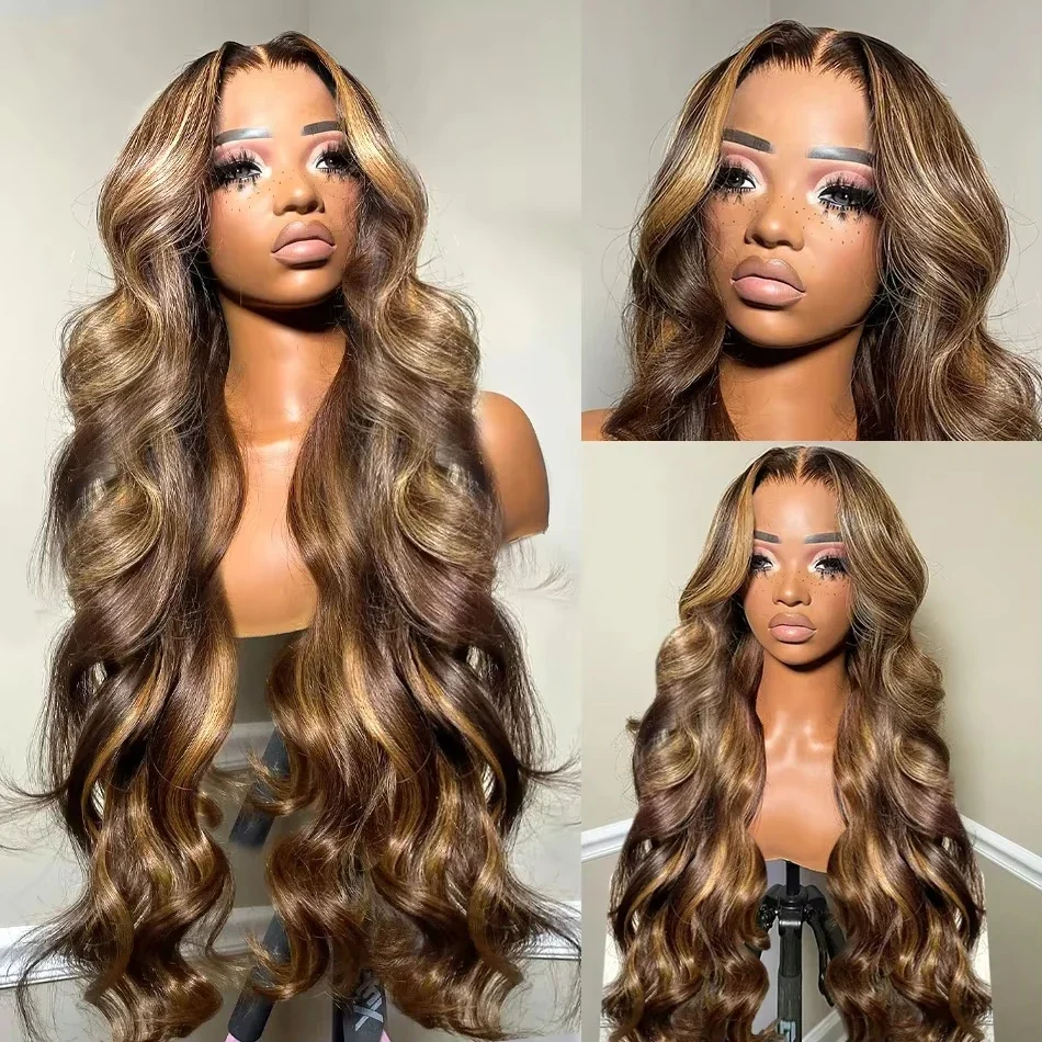 Honey Blonde Highlight Brazilian Remy Human Hair Wig 13x6 Transparent Lace Frontal Glueless Pre-Plucked 200 Density 30 Inch HD Body Wave for Women