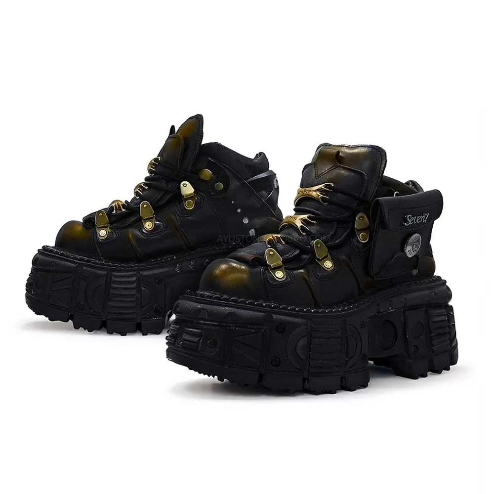 Fashion Metal Rivet Pocket Buckle Goth Motorcycle Boots Ankle Round Toe Street Punk Rock Sports Casual Western Boots Thick Heel