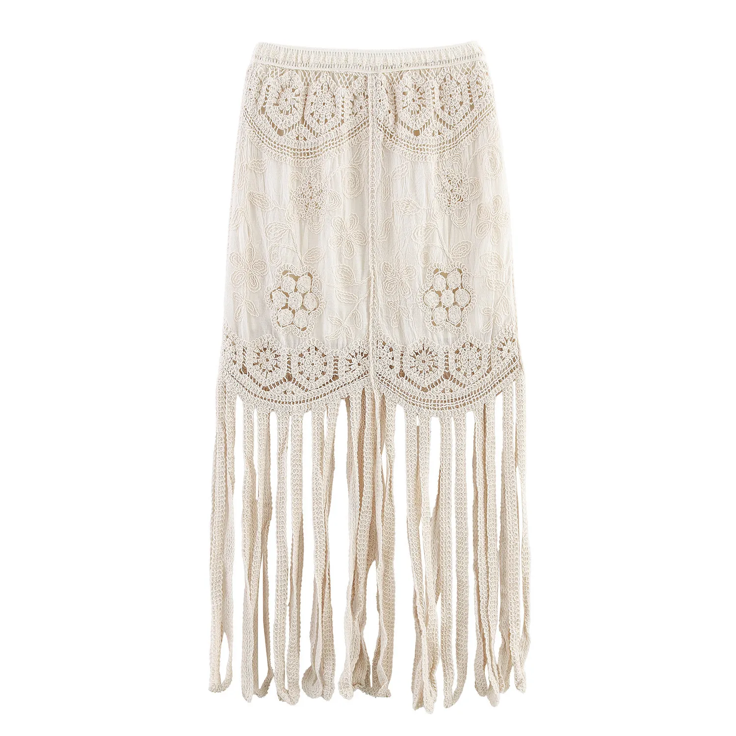 Women Bohemian Beige Crochet Lace Tassel Fringed Maxi Skirt for Vacation and Casual Styling