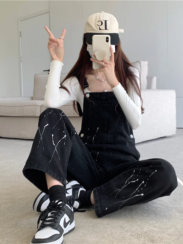 Lente Herfst 2025 Nieuwe Stijlwijde Denim Salopette Dames Hoge Taille Knoopsluiting Lange Broek Diepgekleurd