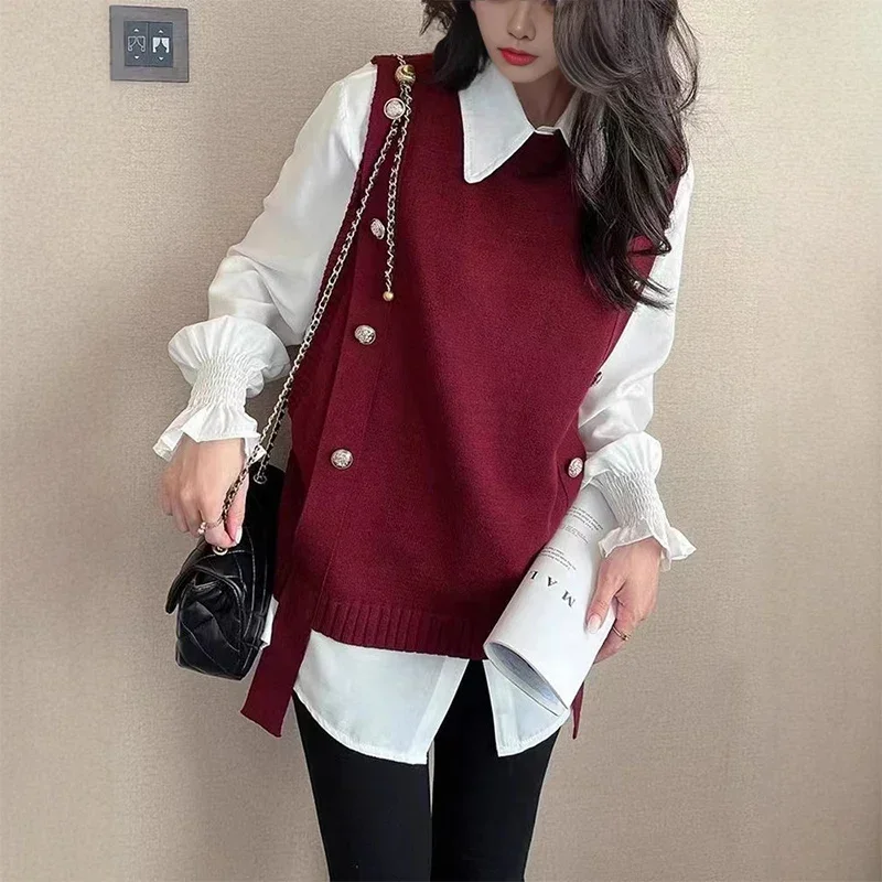 

Новая женская вязаная безрукавка на весну-осень с элегантными золотыми пуговицами, пуловер с круглым вырезом, винтажный вязаный топ