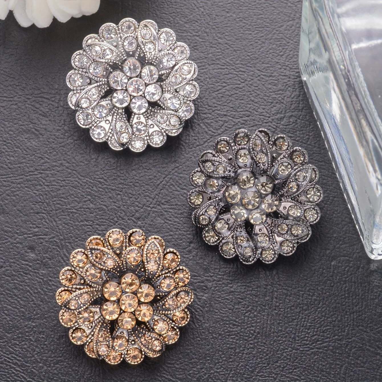 3/6pcs Three Layer Rhinestone Vintage Flower-Shape Metal Buttons For Clothing Decorative DIY Fashion Sewing Buttons 25mm