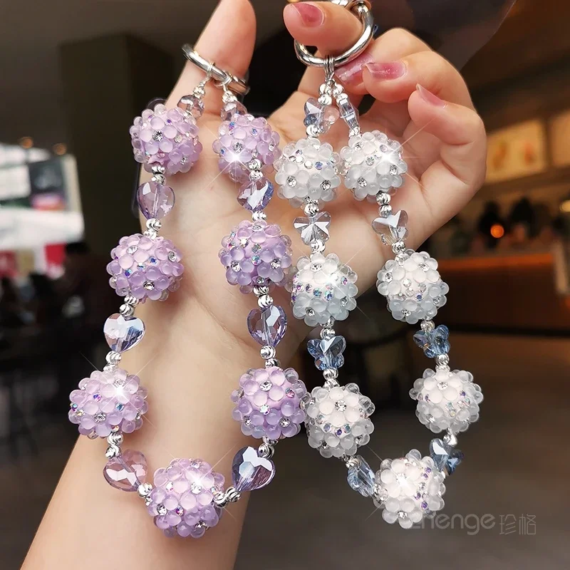 Mobile Phone Lanyard Rhinestone Flower Ball Beaded Bracelet Short Hand-beaded Chain Clip Mobile Phone Case Universal Rope