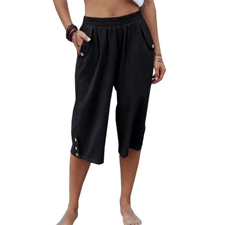 Summer Women Capri Pants Linen Wide Leg Crop Pants Mid Waist Navy Blue Three Quarter Pants Elastic Waist Olive Green Cropped