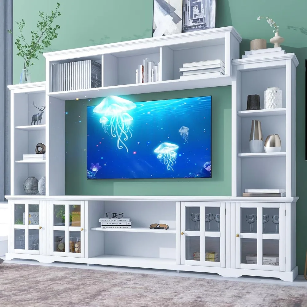 Entertainment Wall Cabinet with Bridge and Tempered Glass Doors, TV Cabinet with Bookshelves (accommodates TVs Up To 70 Inches)