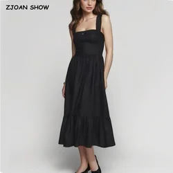 2024 Retro French Style Black White Midi Tank Dress Retro Women Slim Waist Ruffles Hem Swing A line Sleeveless Sling Robe