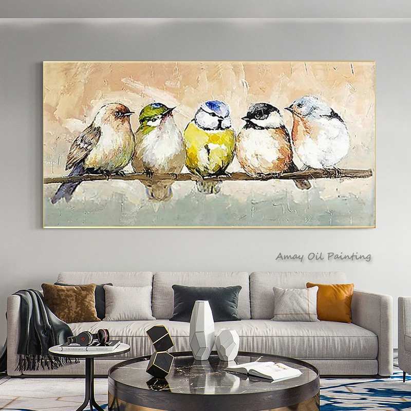Original Handmade Textured Canvas Art, Colorful Little Birds Oil Painting, Rustic Neutral Tone Horizontal Living Room Wall Decor