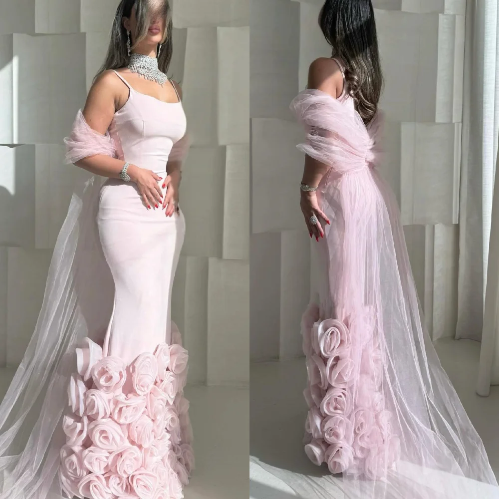 Customized Fashion Jersey Pleat Flower Mermaid Spaghetti Strap Long Dresses Bespoke Occasion Celebrity Chinese Style