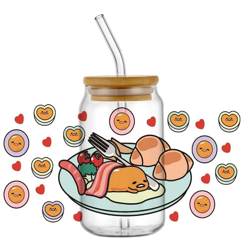 Miniso cute Gudetama pattern 16oz UV DTF Wraps Transfer Sticker DIY For Libbey Glass Cup Waterproof Wrap Transfers Decals