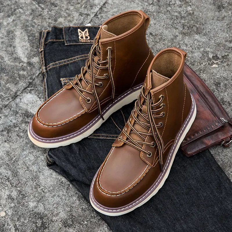 Maden Red Motorcycle Boots Men Vintage Worker Leather Casual Shoes Outdoor Ankle Boot Punk Shoes