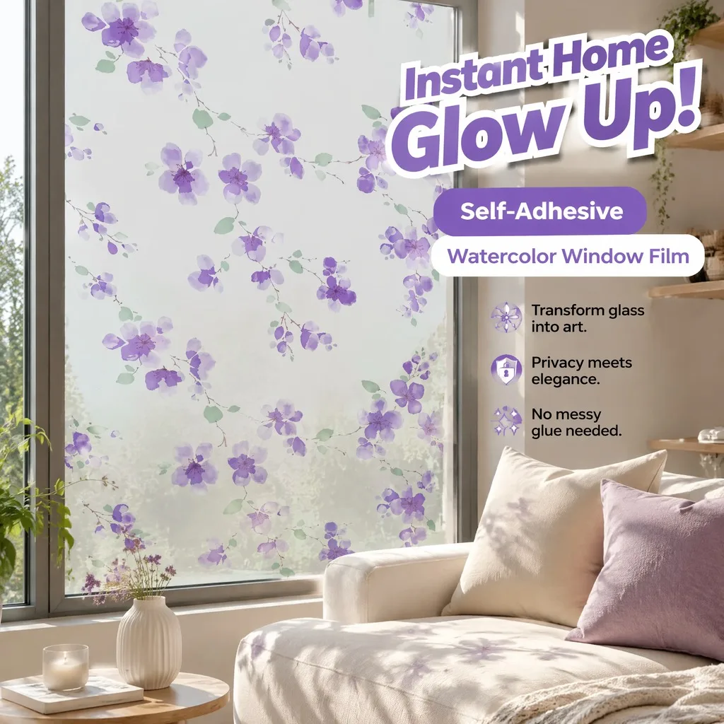 Hand-Painted Style Lavender Flower Privacy Window Film Built-in Adhesive Easy DIY Cuttable Reusable Matte Frosted PET