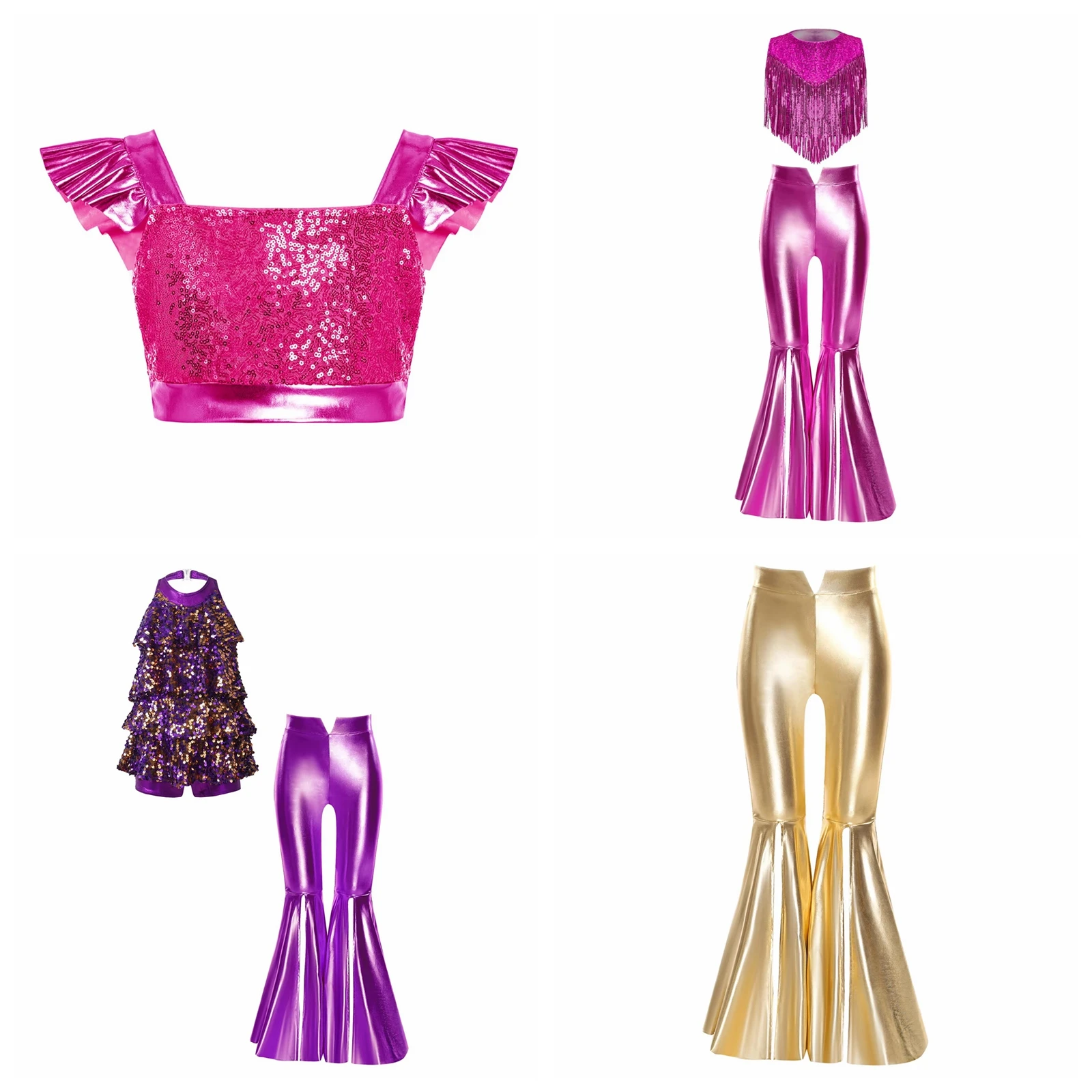 Kids Girls Sparkling Pants Suits Childs 70s 80s Disco Costume Jazz Dance Performance Outfit Sequin Metallic Crop Top Bell-bottom
