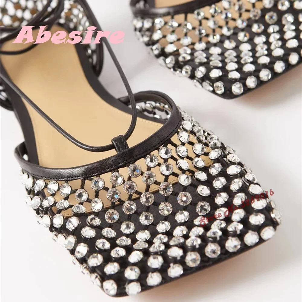 Rhinestones Flat with Sandals Casual Square Toe Cross Tied Lace Up Women's Sandals Beach Sandals Elegant Luxury Party Shoes Sexy