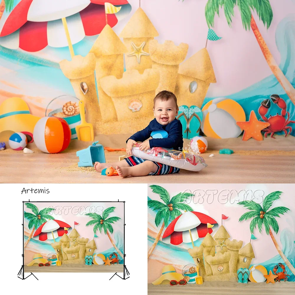 Summer Sea Beach Cake Smash Backdrops Palm Trees Sand Castle Crab Children's Birthday Decoration Photocall Photo Backgrounds