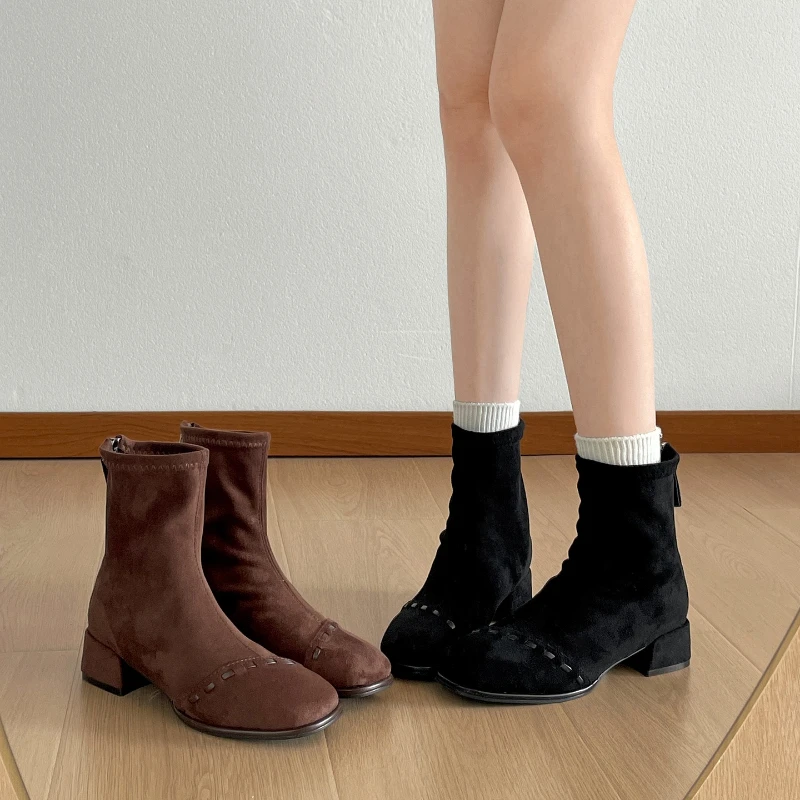

Autumn Winter Thick Heel Women Fleece-lined Ankle Boots Concise Square Toe Shoes Ladies Party Dress Slim Short Botas Para Mujer