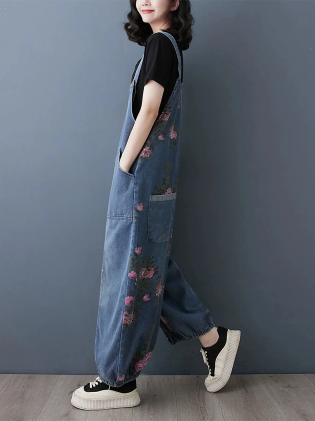 Arrival Fashion Spring Vintage Floral Printed Denim Jumpsuit For Woman Multiple Pockets Jeans Female Overalls Cowboy JJ121