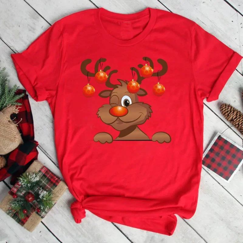 Cute Deer Wear A Christmas Hat Women Red T Shirts Girl Harajuku Santa Claus Tops Suitable All Seasons Gifts Clothes