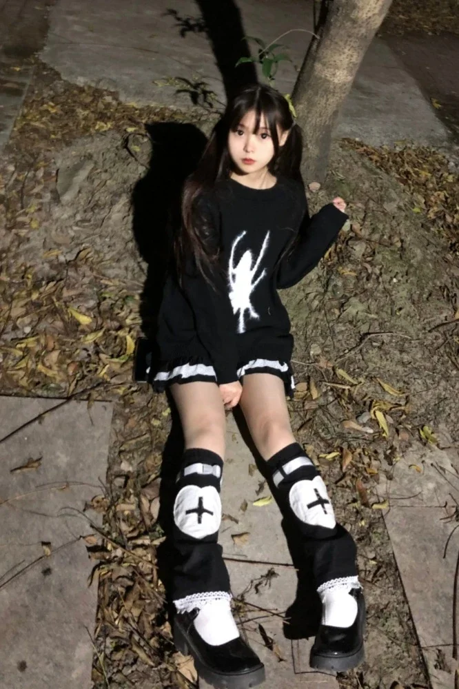 New Spring Harajuku Gothic Hot Girls Black Spider Print Hip Hop Knitting Long Sleeve Top Fashion Punk Pullover Cool Girl