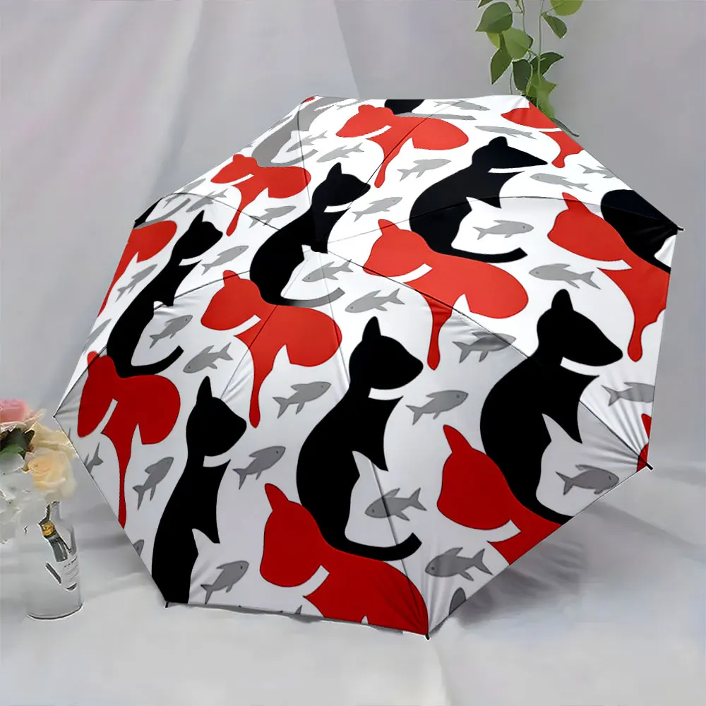 1PC Colorful Cat Pattern Umbrella: Playful and Stylish Print 8 Iron Ribs Folding Umbrella Auto-Open Fashion Sunshade
