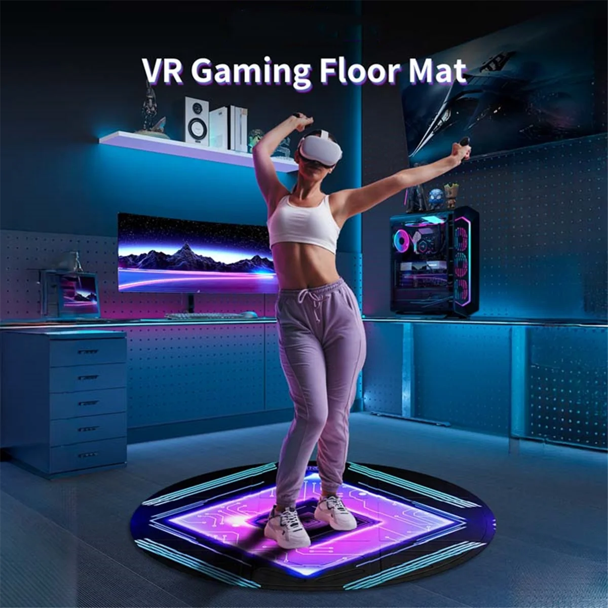 Foldable VR Mat for Meta Quest 3/Vision Pro, Round Anti Fatigue Large Mat, Anti-Slip and Comfortable Floor Mat,Purple