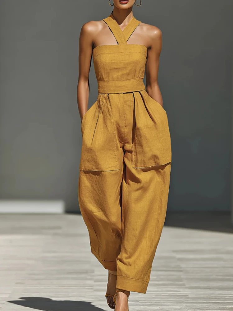 Hohle, Einfarbige Patchwork-Jumpsuits im Chic-Stil, Damen Frühling-Sommer Neckholder-Schnür-Playsuits, 2026 Ärmellose Elegante Damen-Bodysuits