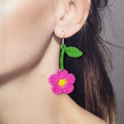 Crochet Fashion Flower Drop Earrings for Women Handmade Knitted Dangle Hooks Earrings Girls Party Holiday Jewelry Gifts
