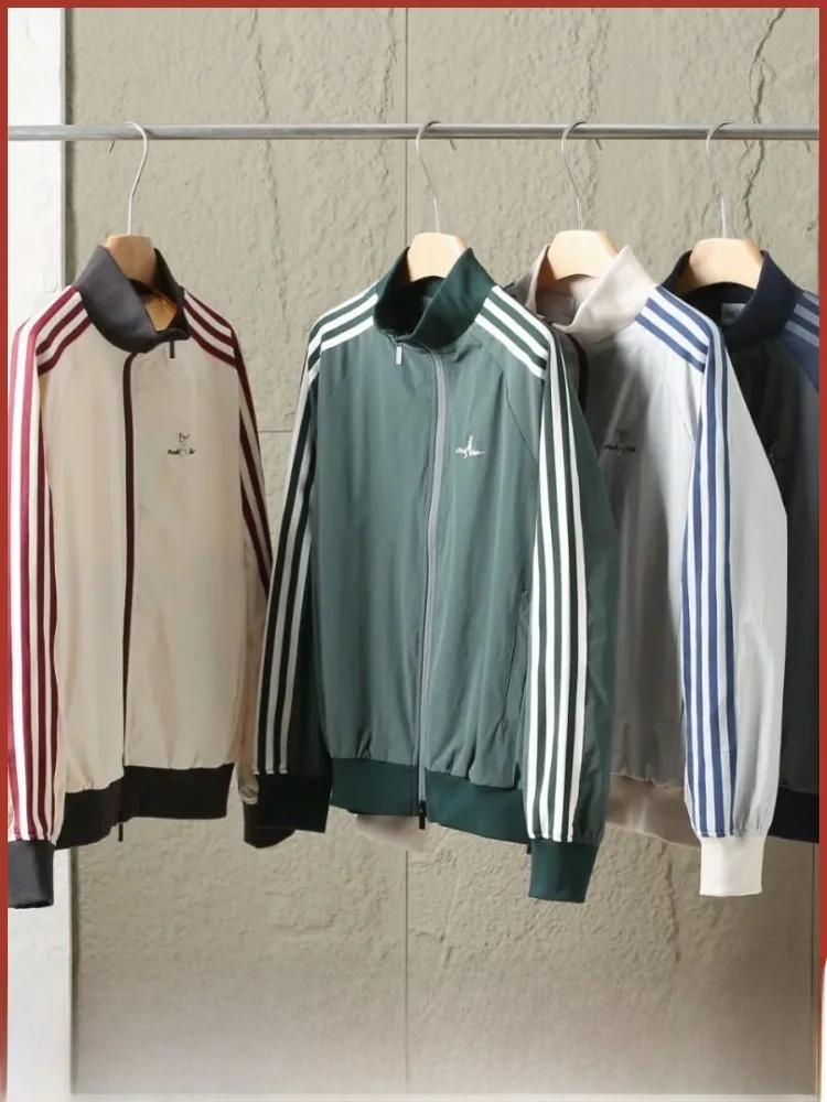 

Retro Signal Contrast Color Embroidery Jaet Casual Versatile ex Stand Collar Open Cardigan Outerwear for Couples